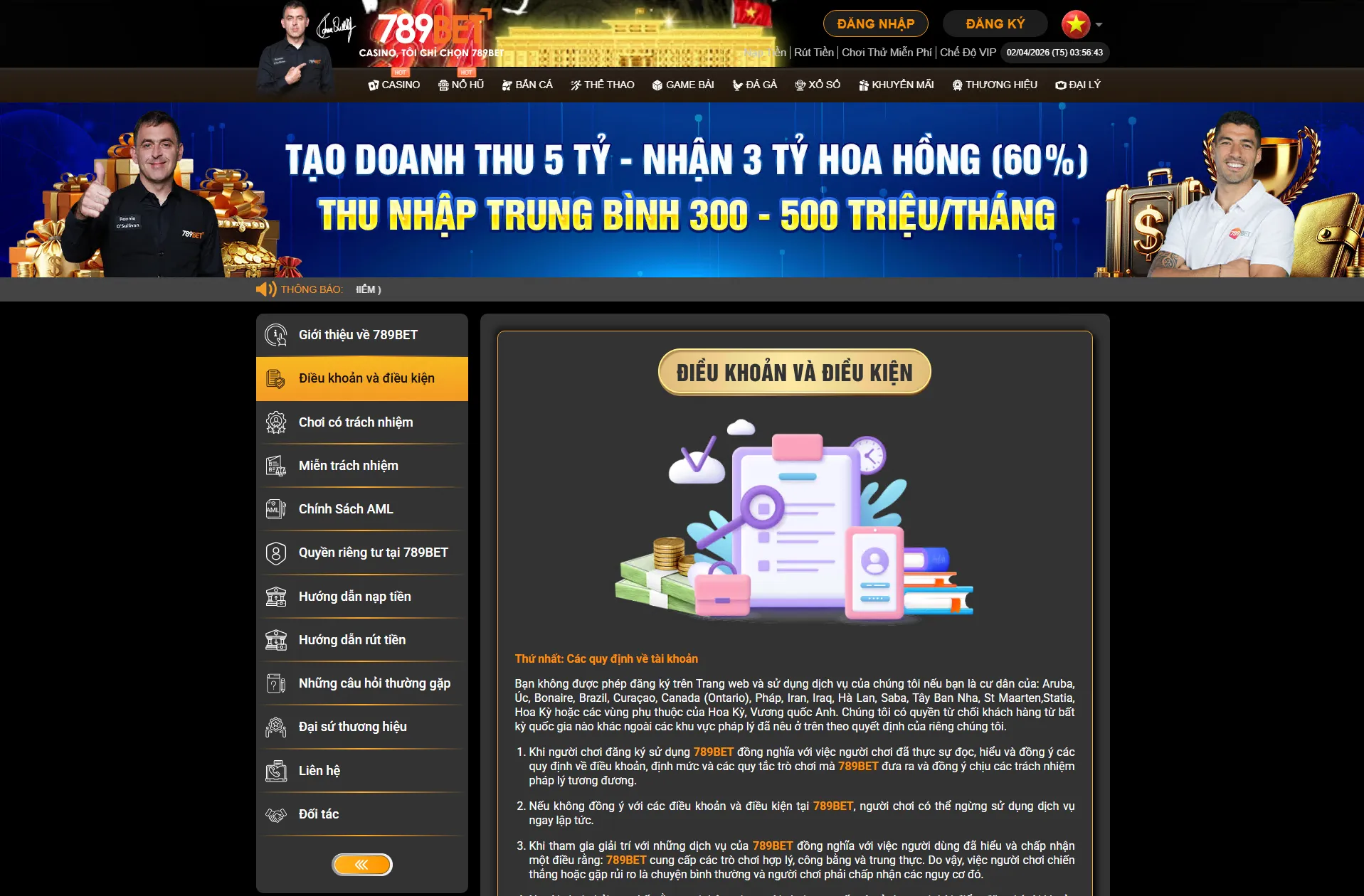 Điều khoản và điều kiện trên trang 789bet